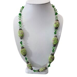 Vtg Natural Lime Turquoise Beads Beaded Necklace Crystals Cap Accents Spacers